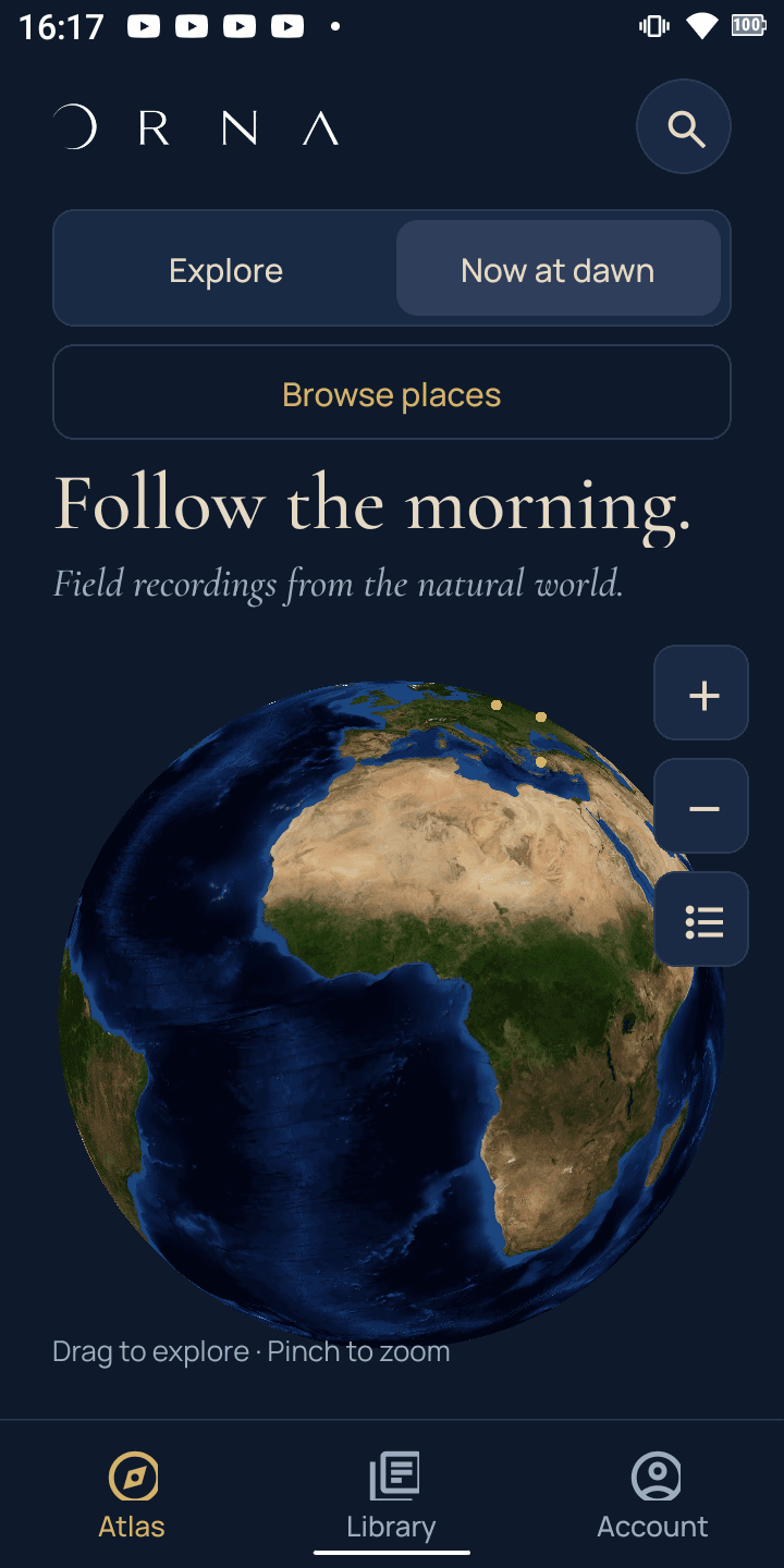 ORNA Android app showing Now at dawn on the Atlas tab